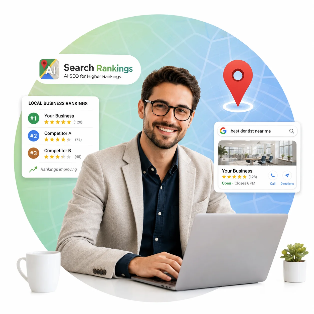 Diagram showing how AI search rankings for local businesses are optimized through consistent data