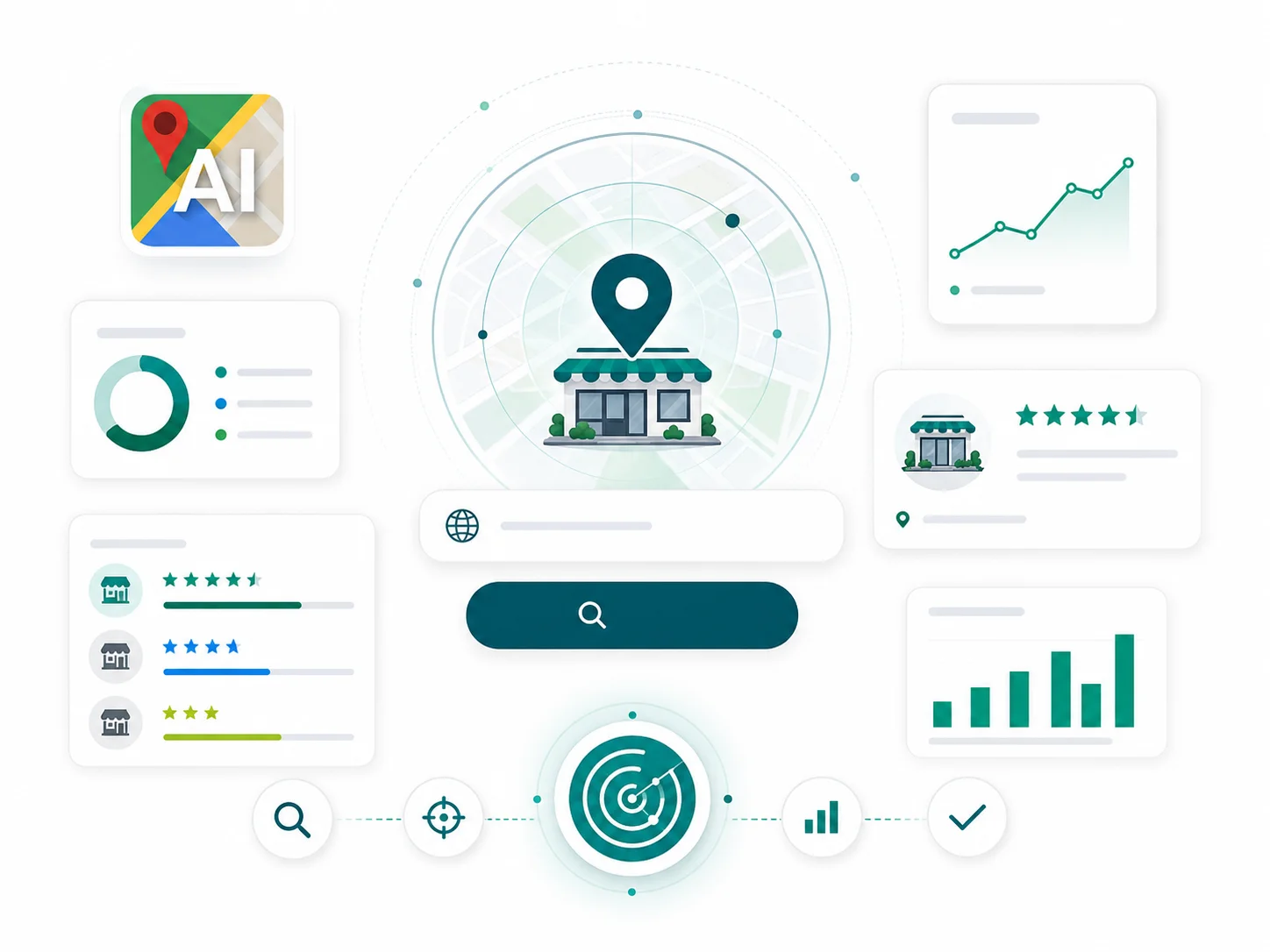 Illustration of Google Maps interface with local business listings and AI optimization