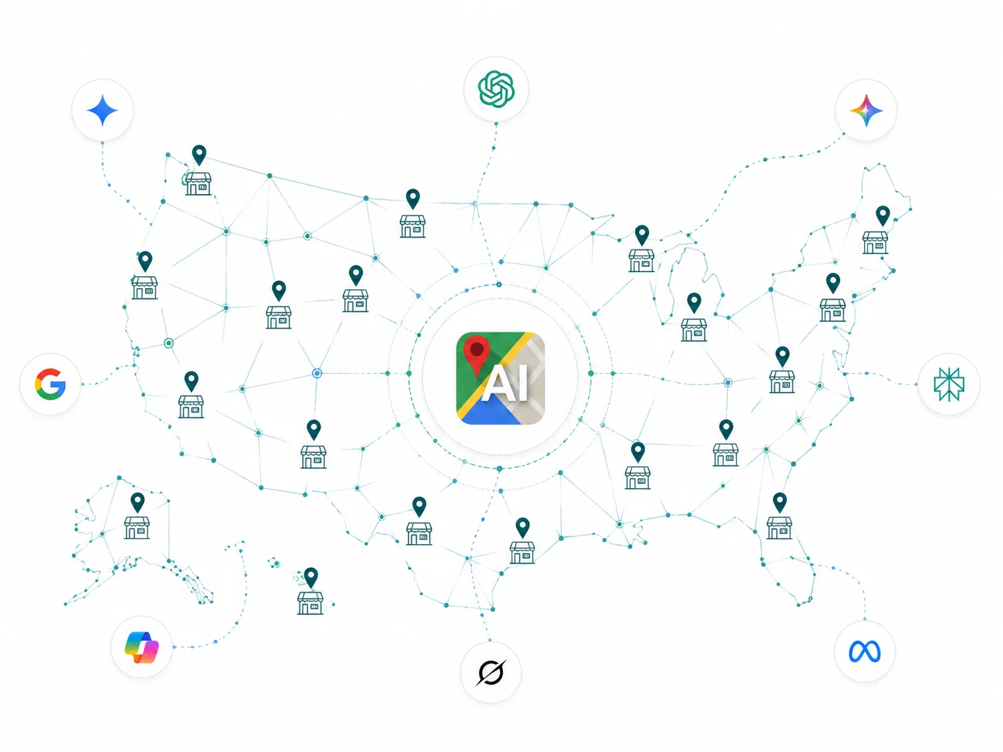 Map of the United States showing local AI search optimization coverage across cities