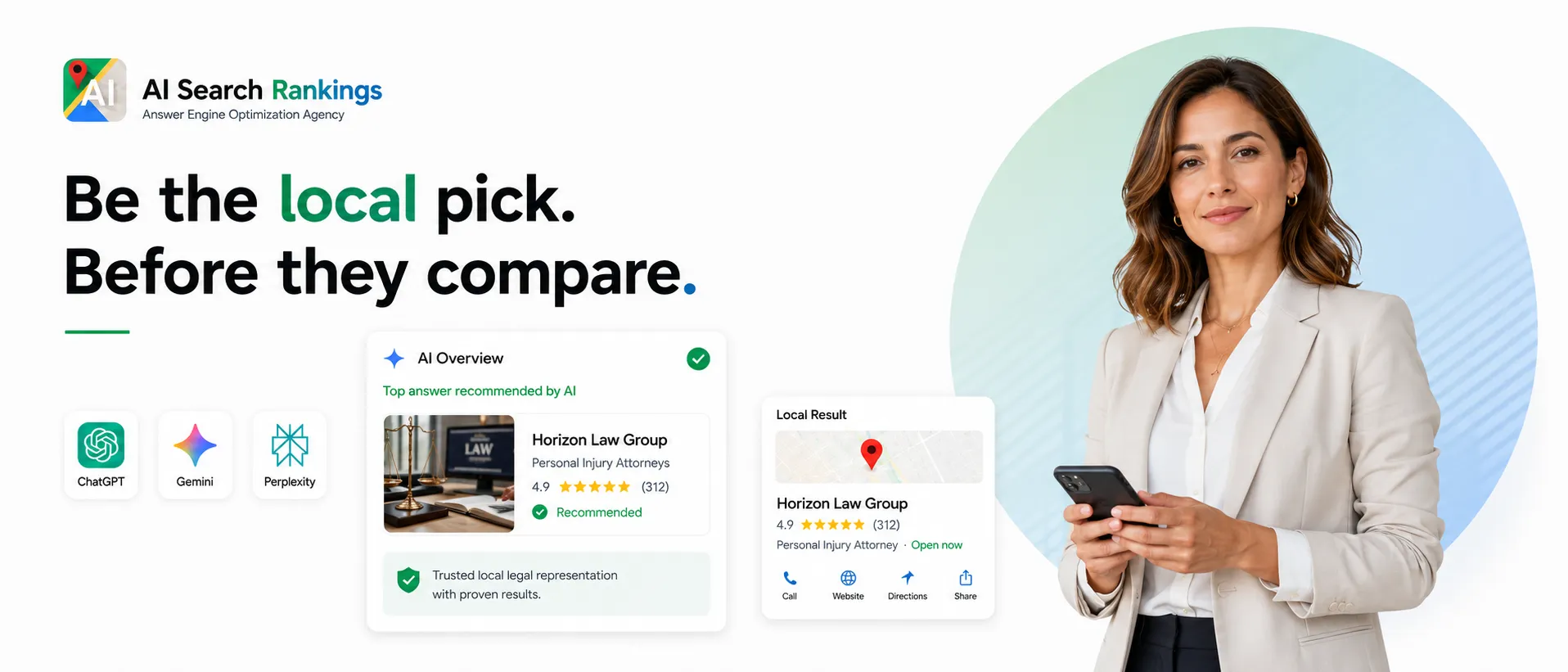 Law firm optimizing for AI search recommendations by ChatGPT and Google AI Overviews