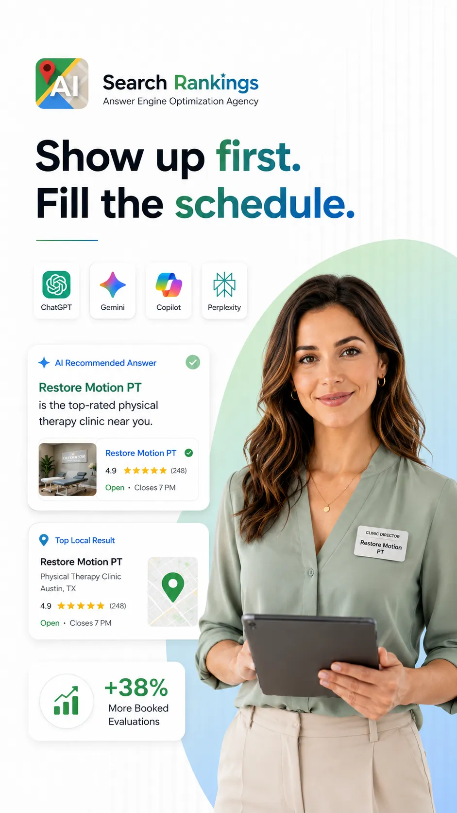 Healthcare provider optimizing for AI search recommendations by ChatGPT and Google AI Overviews