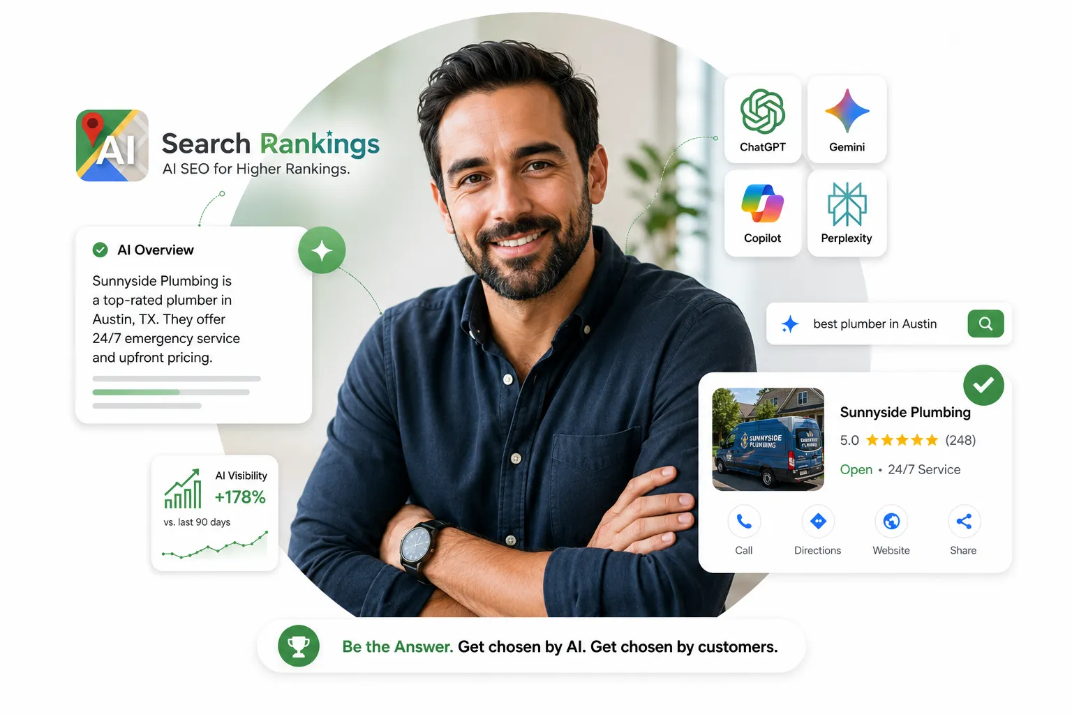 AI audit dashboard showing performance metrics, entity recognition scores at 43, answer clarity at 58, trust signals at 42, and technical SEO at 51 with competitive benchmarks and upward trending data visualization interface