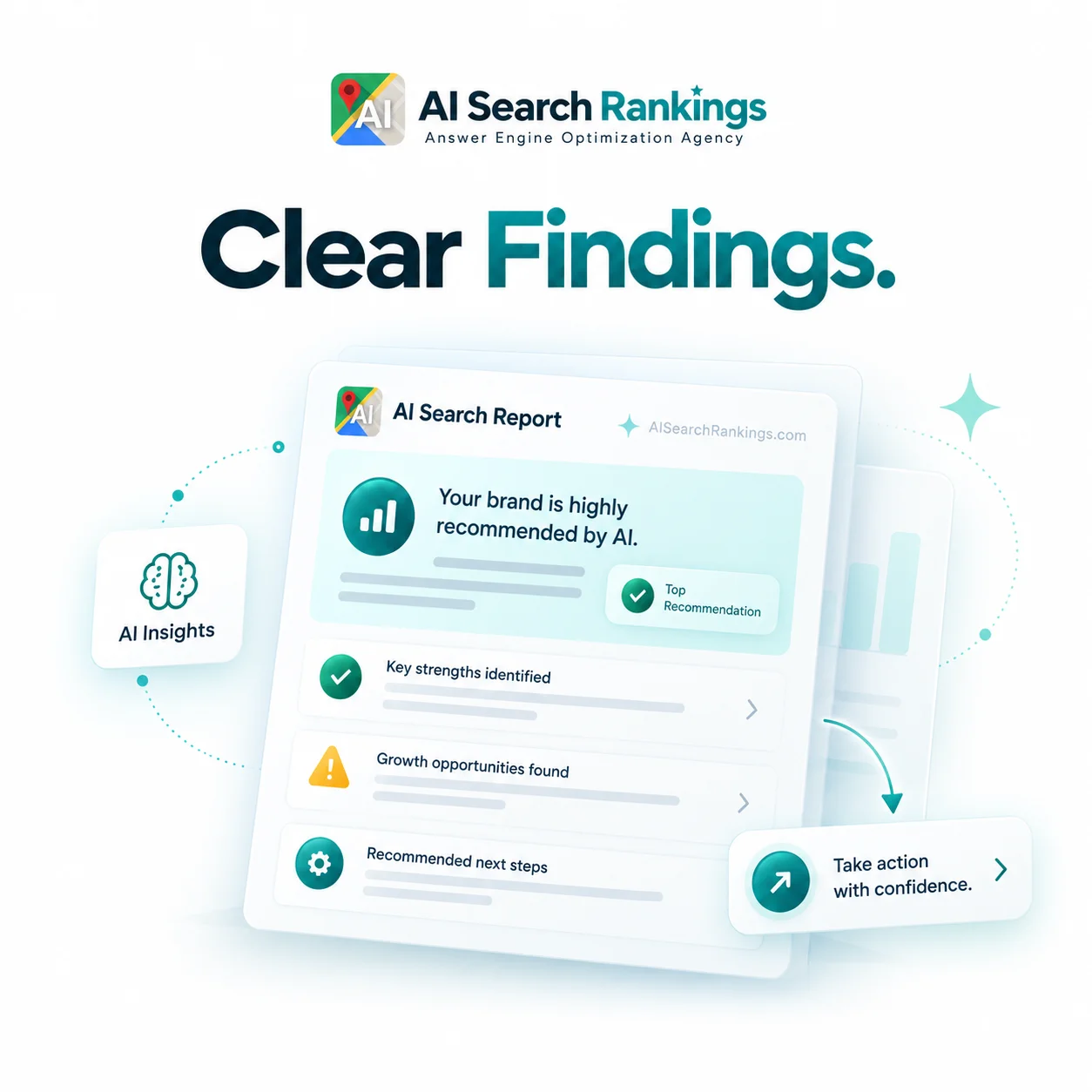 Illustration of an AI search report with clear findings and recommended next steps.