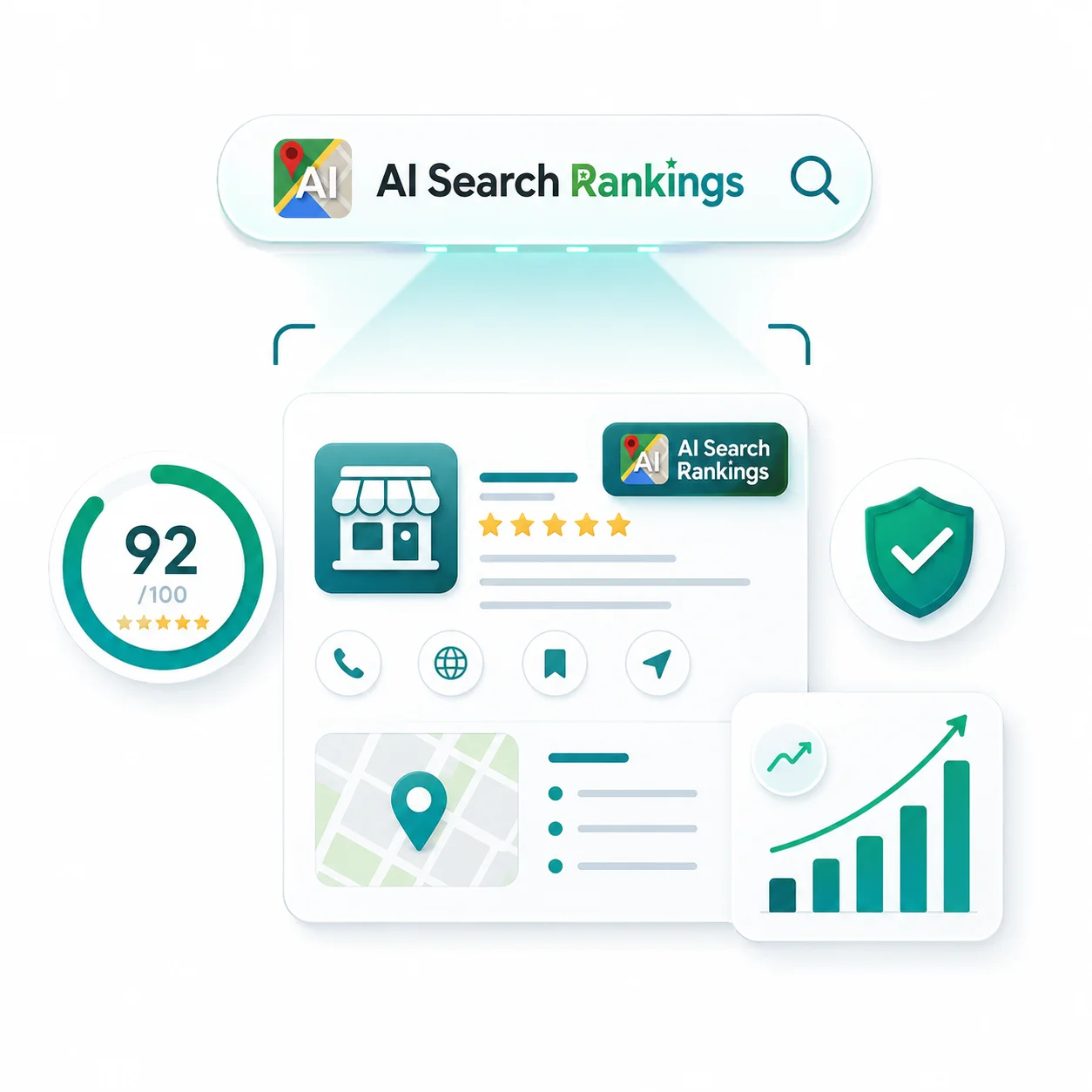 Local SEO dashboard with rankings, reviews, and visibility metrics