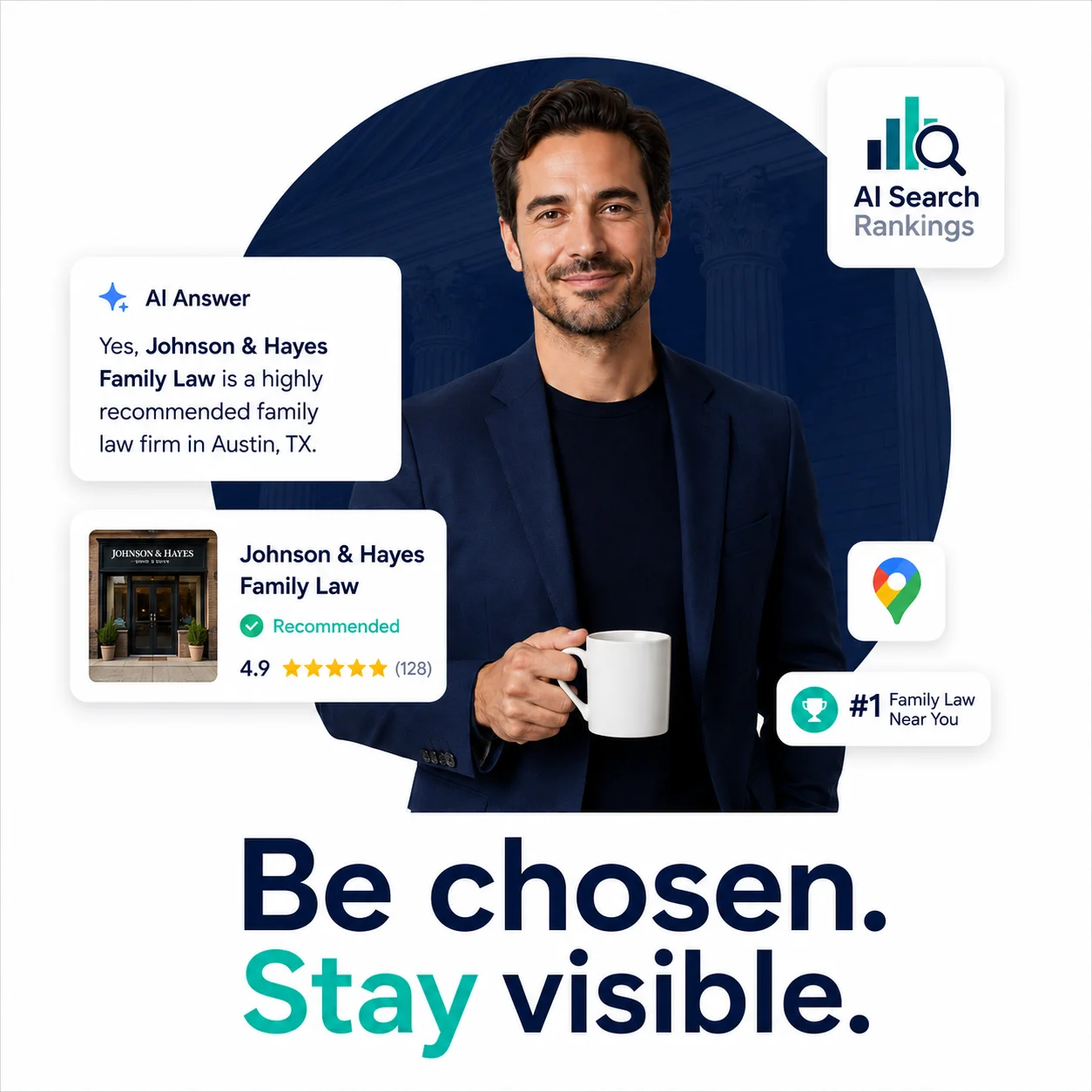Illustration of a legal professional standing next to a map with location pins, symbolizing local SEO for law firms and legal practices, for AI search rankings optimization.