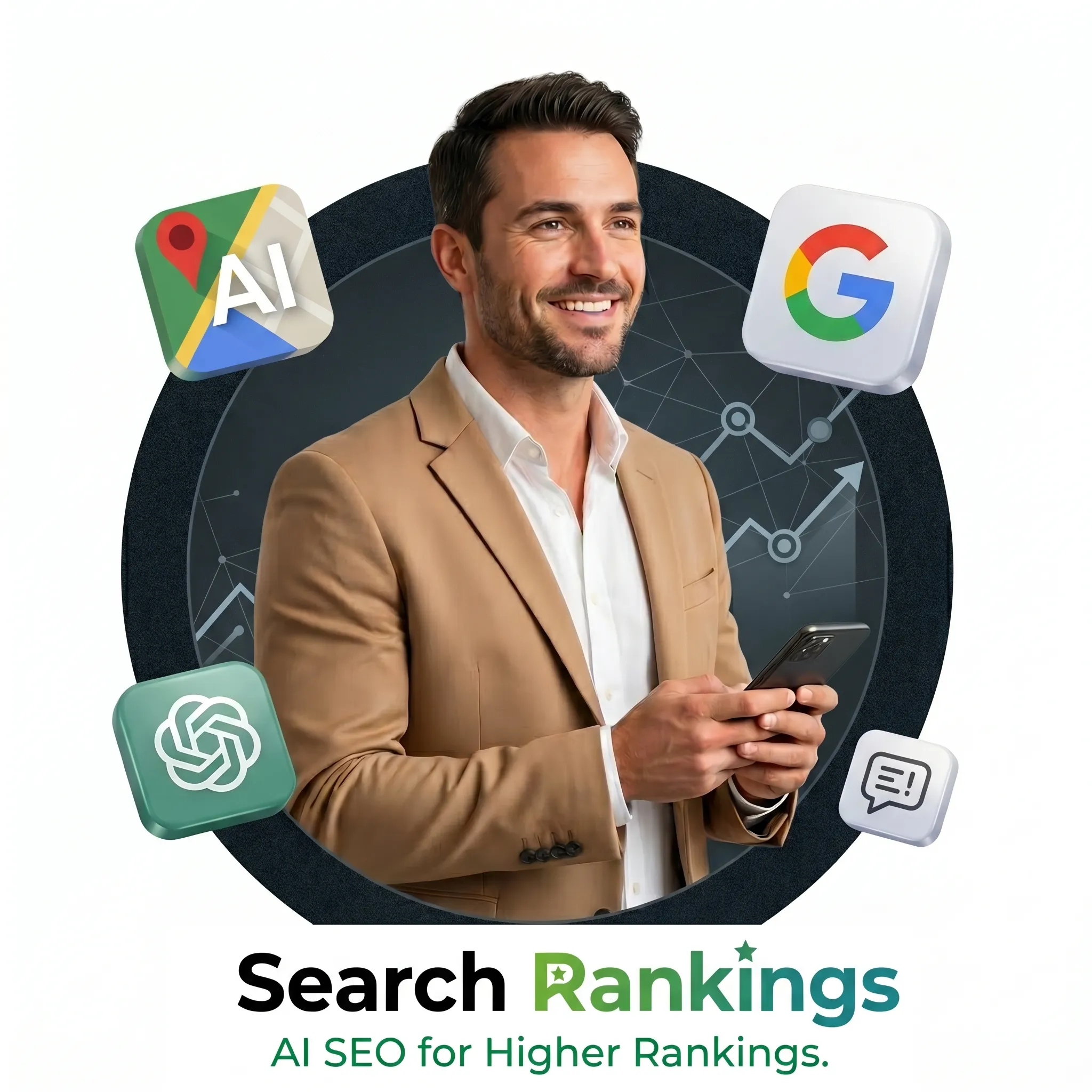AI search rankings optimization specialist on white background