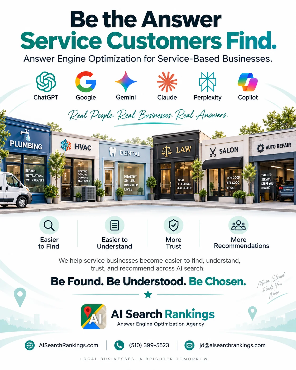 Illustration of plumbing, HVAC, law, salon, and auto repair storefronts found in AI search.