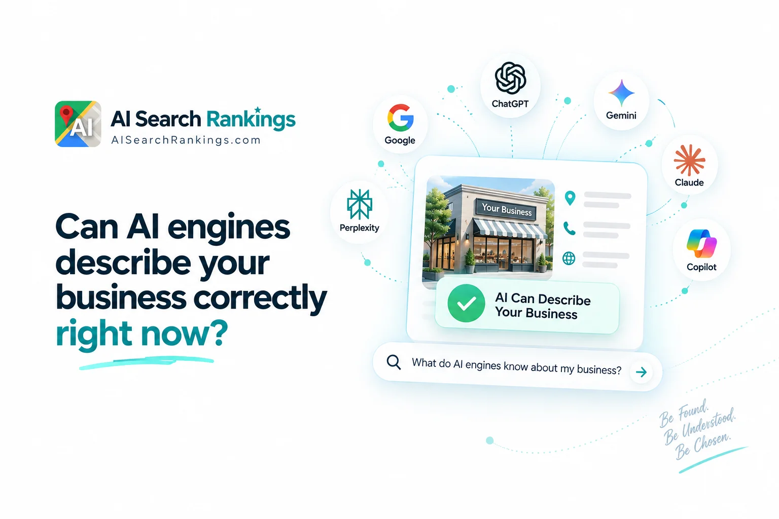 A local business card surrounded by the logos of Google, ChatGPT, Gemini, Claude, Perplexity and Copilot, each connected to it by a dotted line, above a search box asking what AI engines know about my business.