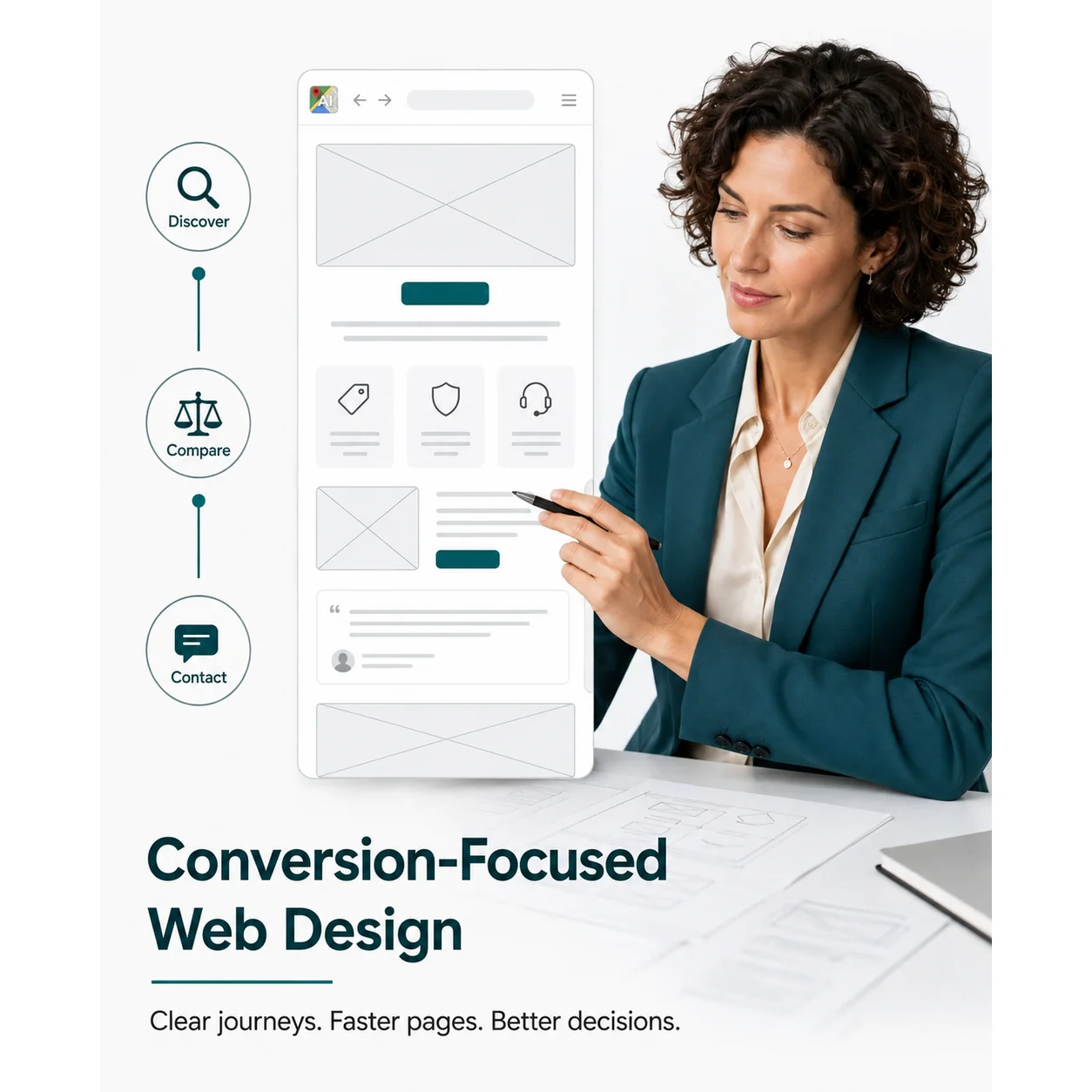 Wireframe of a custom page layout designed around a specific buyer journey