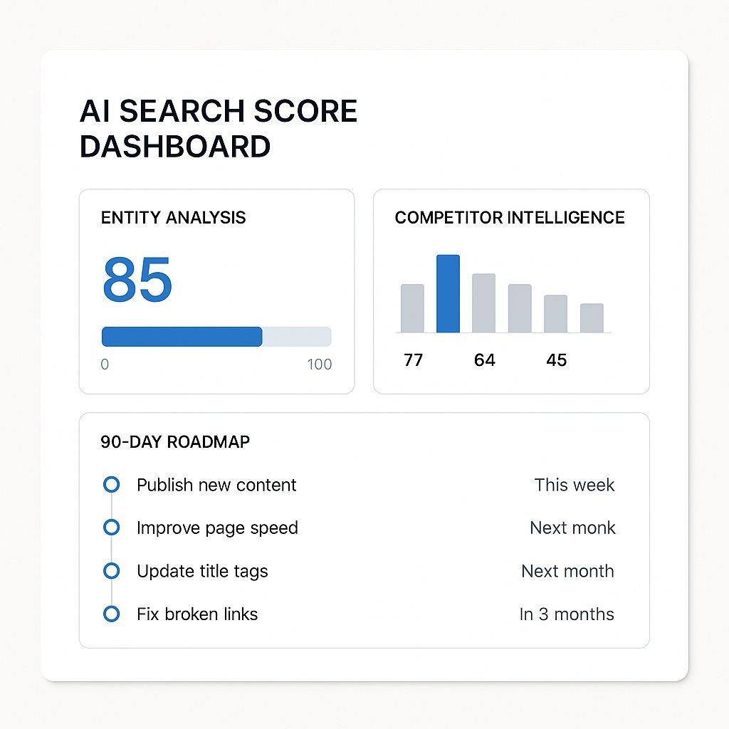 Individual page analysis for pricing page showing specific issues like missing FAQ schema, weak entity signals, and unclear value proposition with before/after content examples and implementation code snippets
