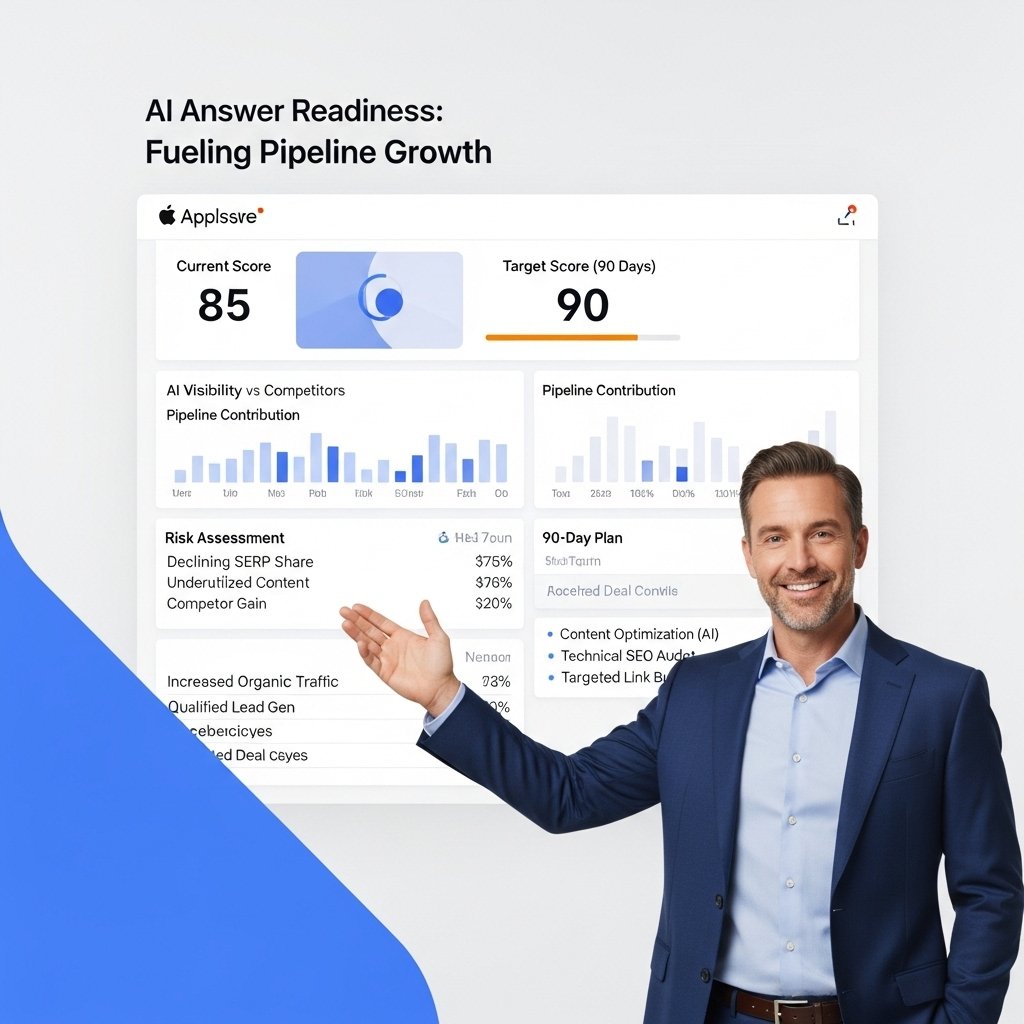 Deep Dive site analysis report showing overall AI Answer Readiness Score of 67 with breakdown across Entity Recognition, Answer Clarity, Trust Signals, and Technical SEO dimensions with color-coded priority recommendations