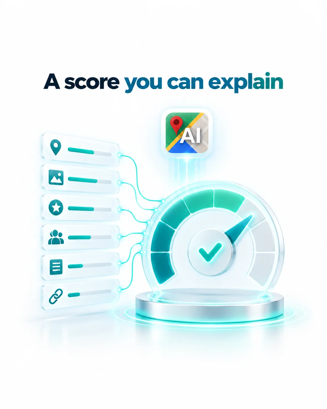 Illustration of a visibility score broken into the individual metrics behind it, each one explained in plain terms.