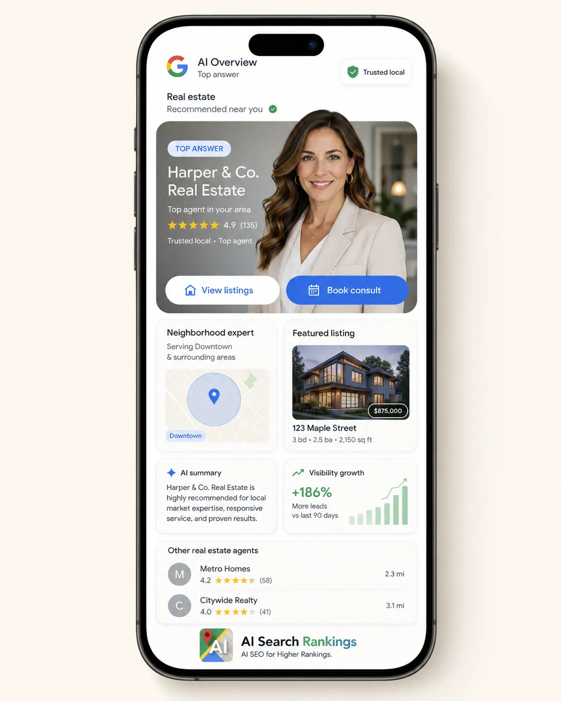 Google AI Overview citing a real estate agent for a local neighborhood and market query