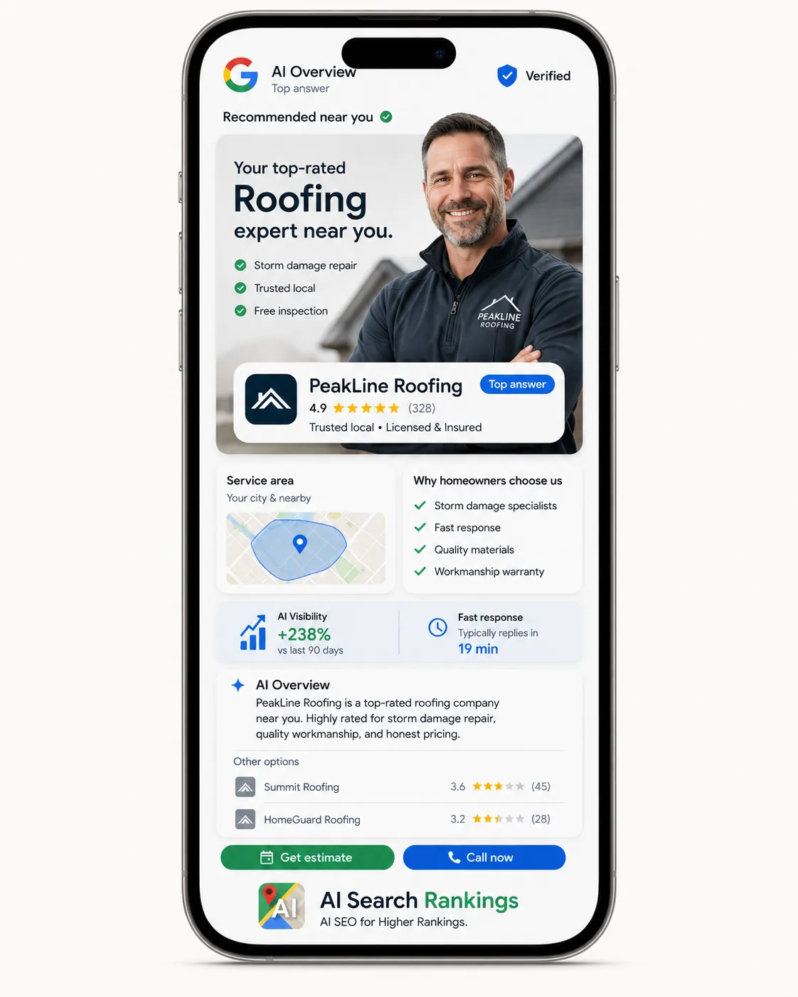 Google AI Overview recommending a local roofing company