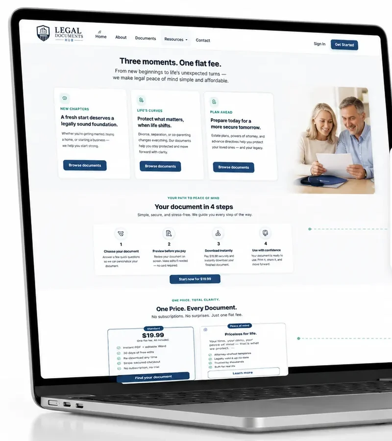 LegalDocumentsHub.com website on a laptop, showing document categories, a four step path, and pricing