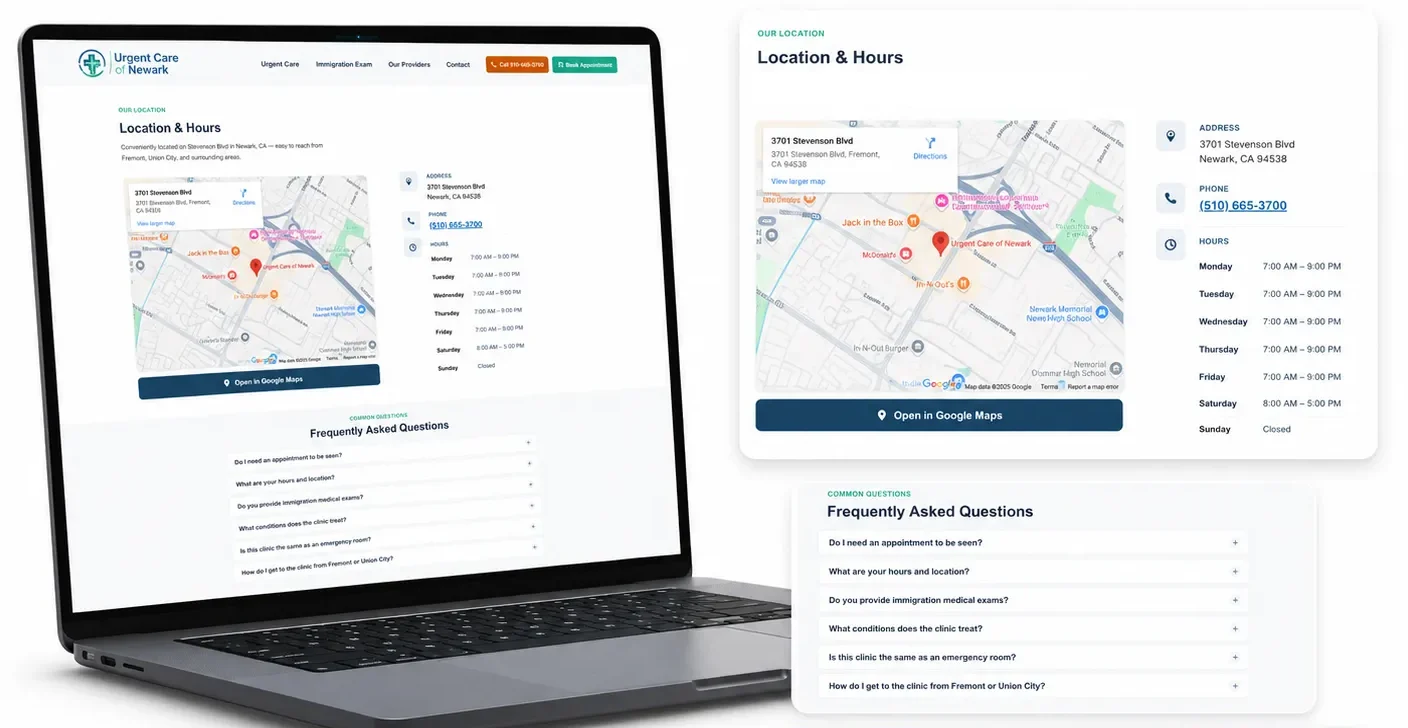 Urgent Care of Newark website on a laptop, showing the clinic location, phone number, opening hours, and patient questions