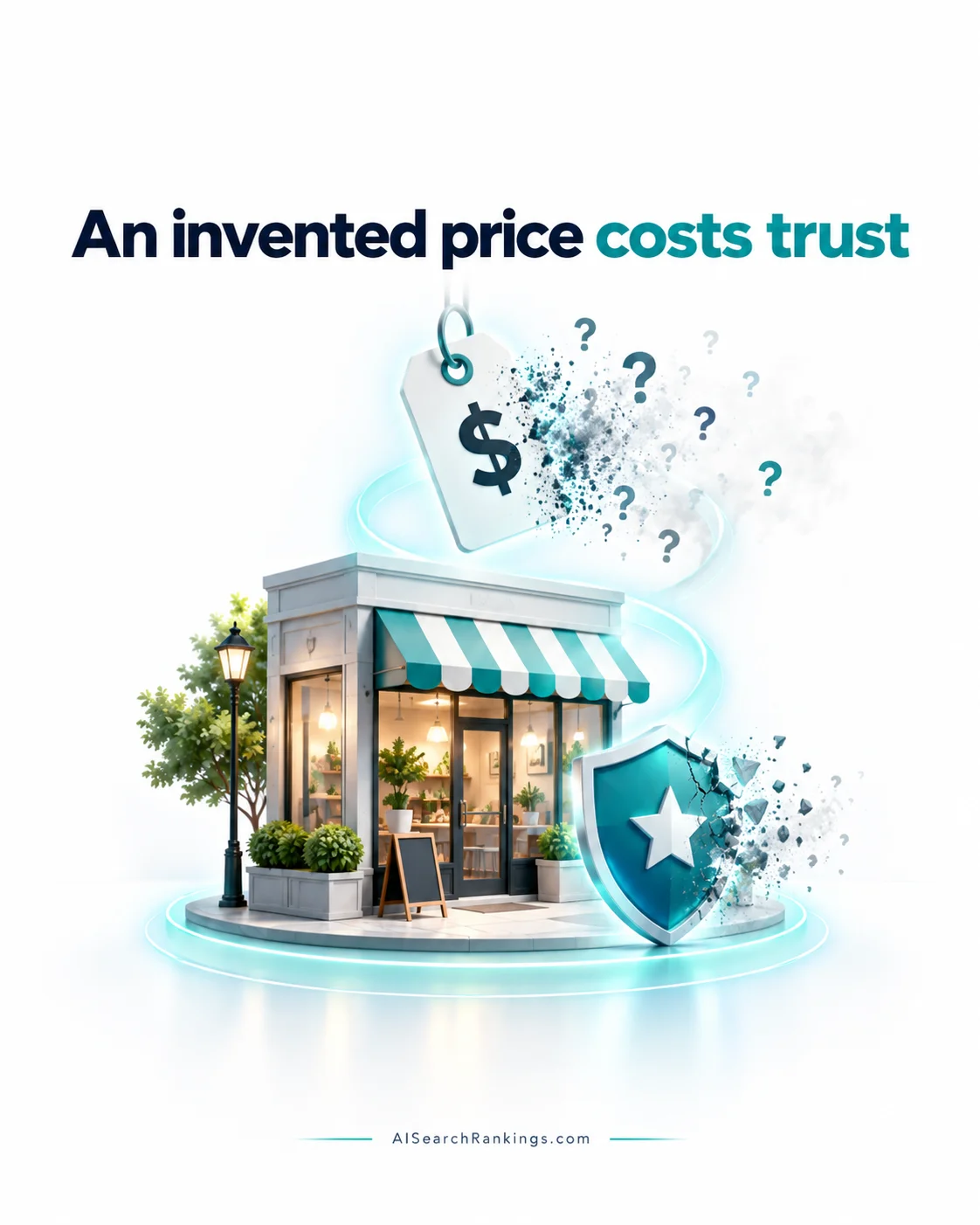 Illustration of an AI engine guessing a price for a business that has published none, and a customer reacting with doubt.
