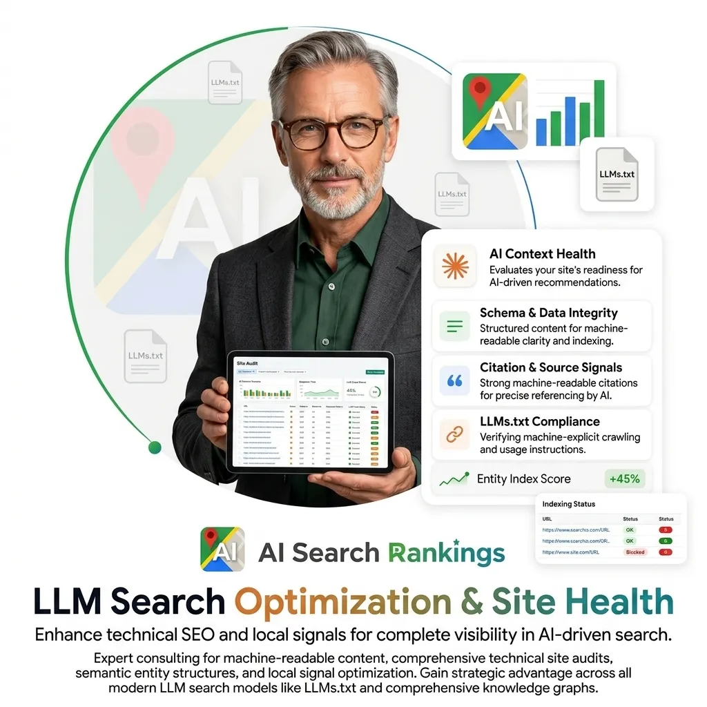 Structured data and llms.txt directives guiding AI crawlers to discover and prioritize key pages