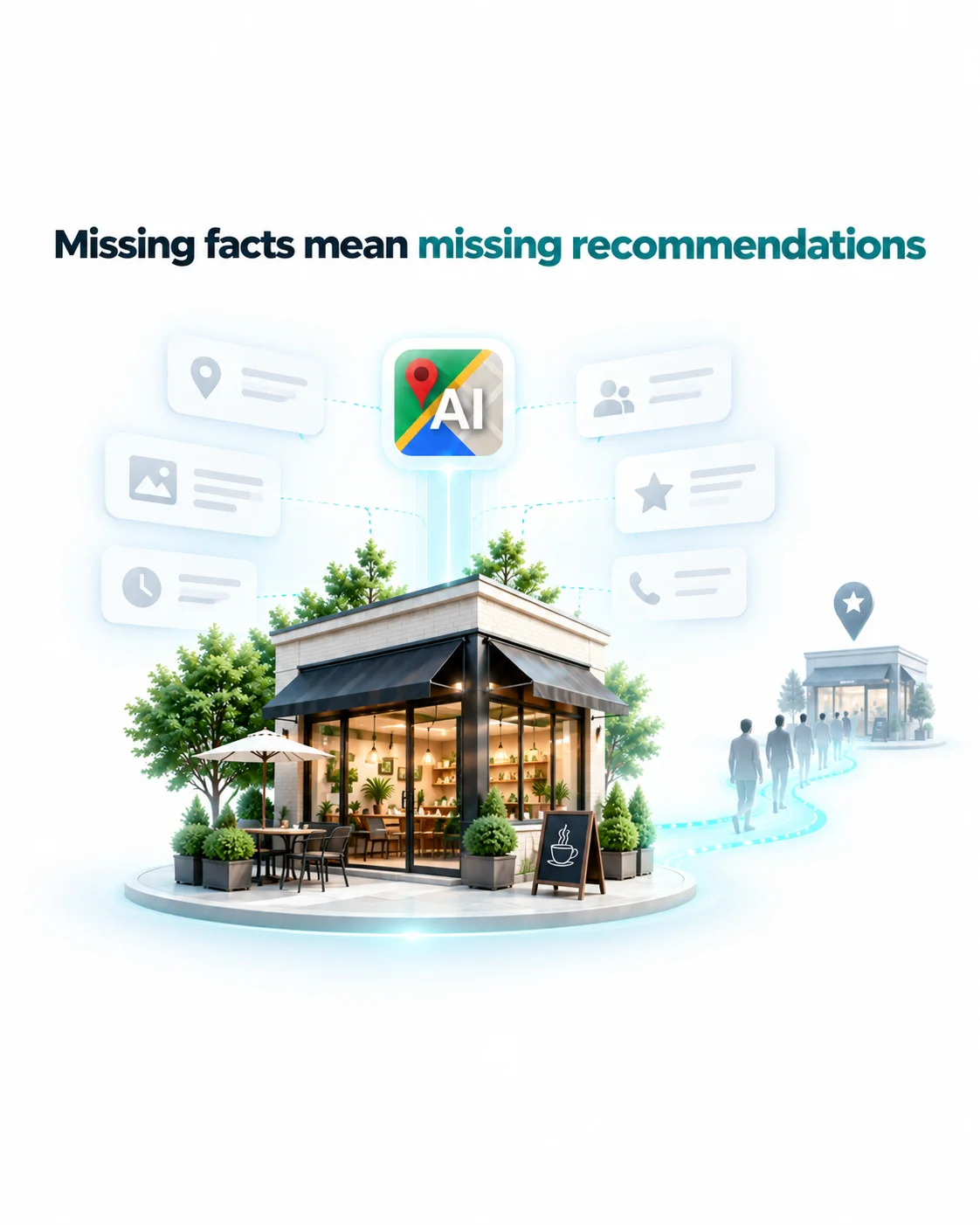 Illustration of an AI recommendation failing because the data it needed about a business was missing.
