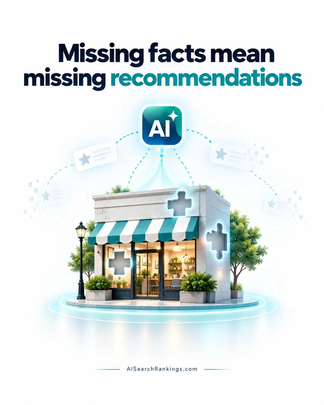 Illustration of an AI engine recommending a competitor because it could not confirm enough facts about the other business.