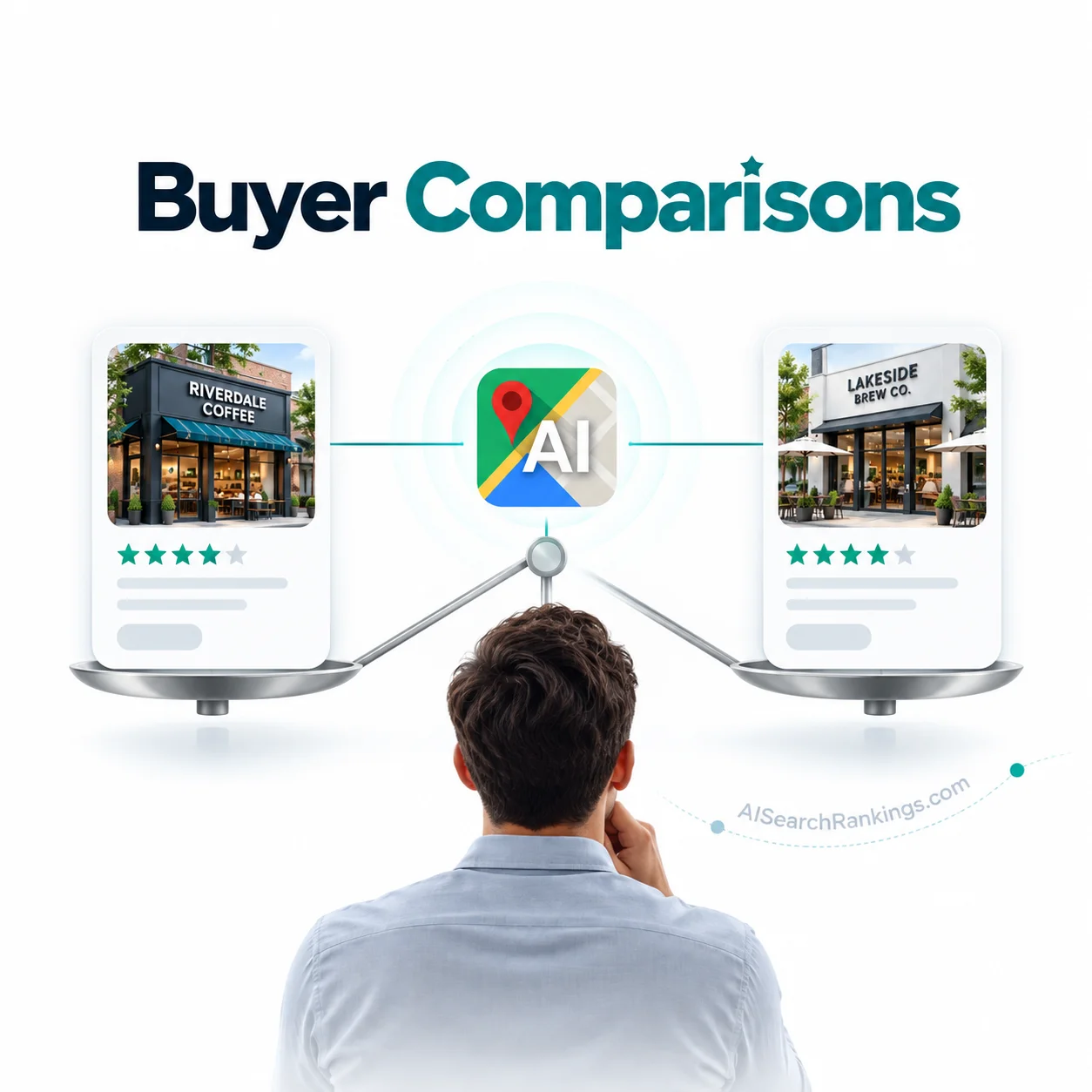 Illustration of a shopper comparing two stores side by side