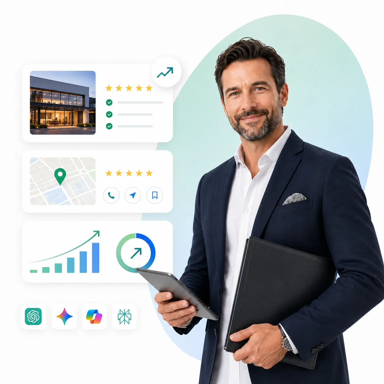 Financial advisor reviewing AI search analytics and compliant content strategy
