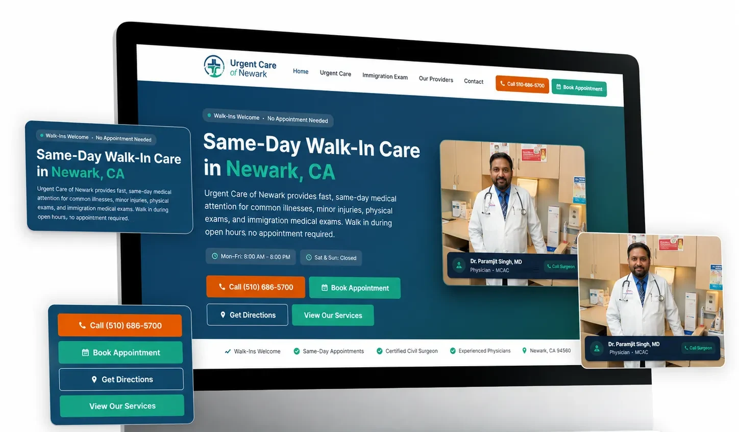 Urgent Care of Newark website design shown on a desktop monitor with mobile call and booking buttons