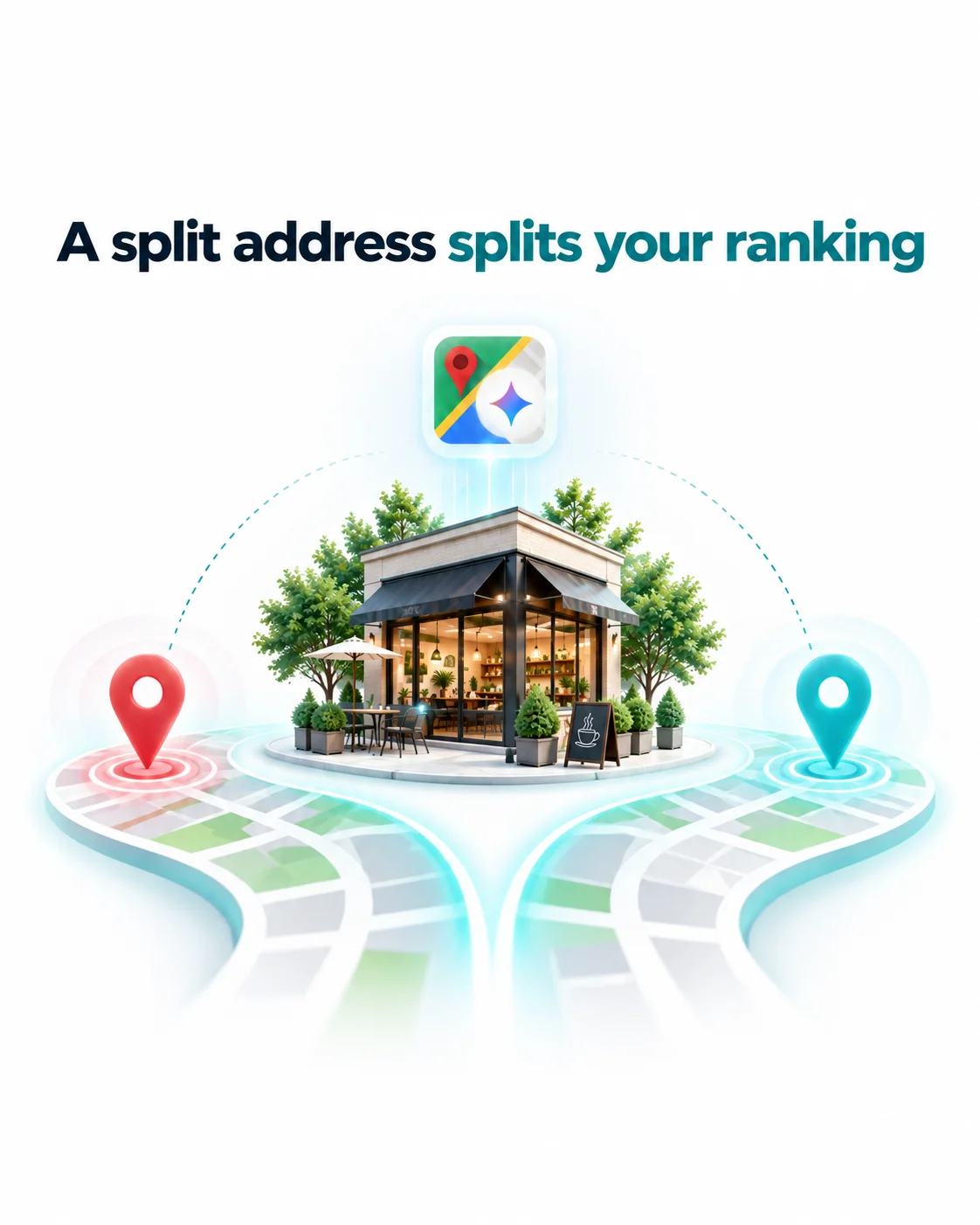 Illustration of one business appearing at two different addresses across public sources, splitting the trust search engines give it.