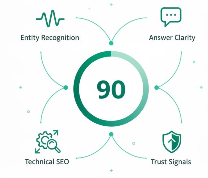 Free AI audit interface showing instant score calculation across Entity Recognition, Answer Clarity, Trust Signals, and Technical SEO