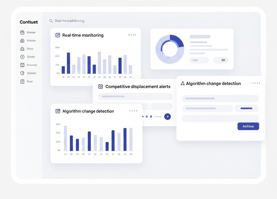 Control Tower real-time monitoring showing AI citation tracking, competitive displacement alerts, and algorithm change detection