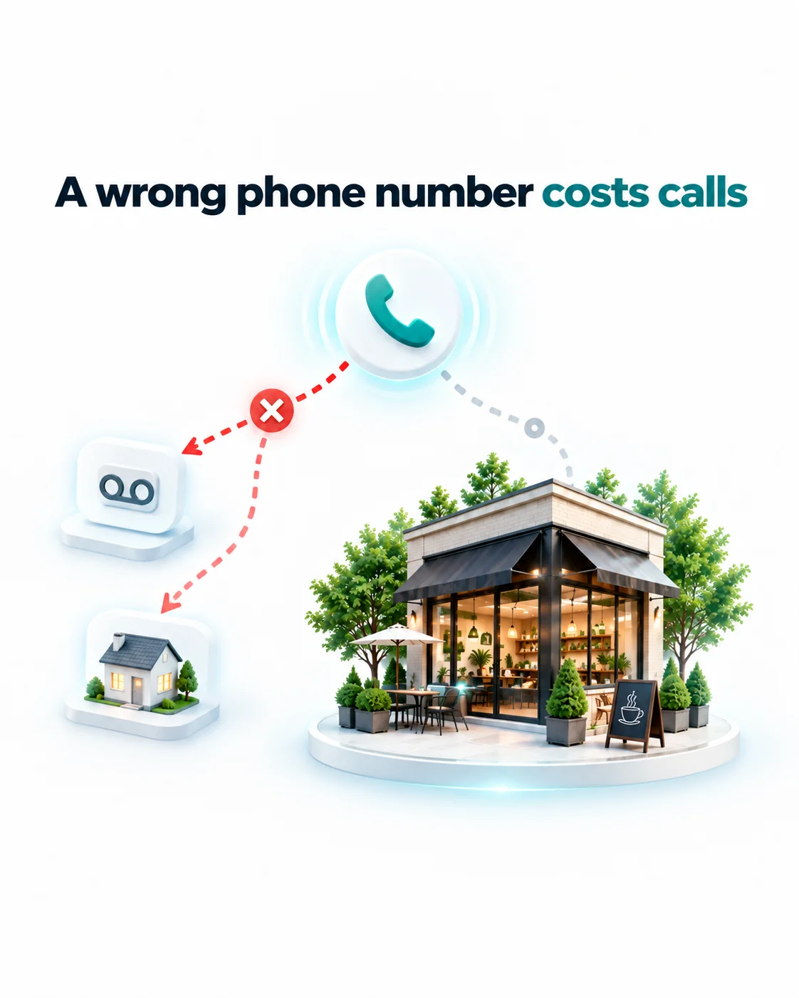 Illustration of a customer calling a business and the call failing because an old phone number was published online.