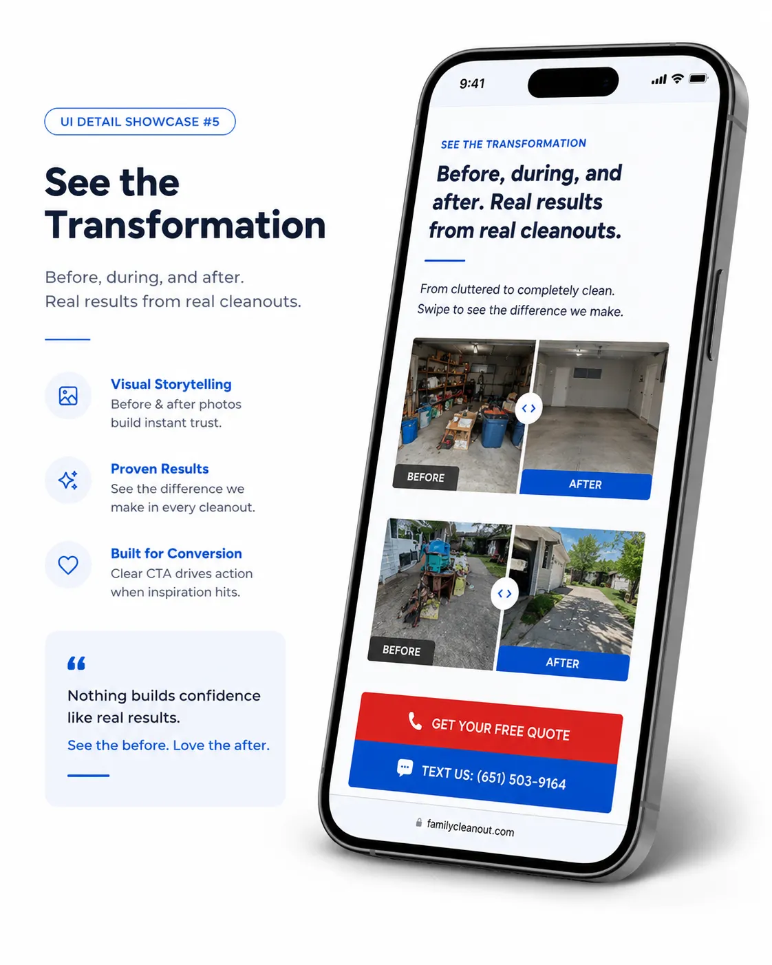 Mobile app transformation UI showcase for Dante's Junk Removal
