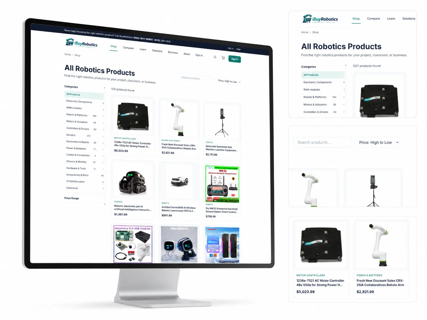 iBuyRobotics.com online store shown on desktop and mobile screens