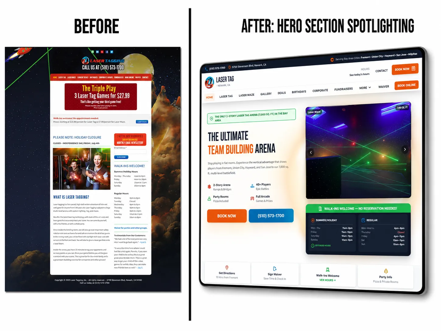 Laser tag website hero section — before and after redesign comparison