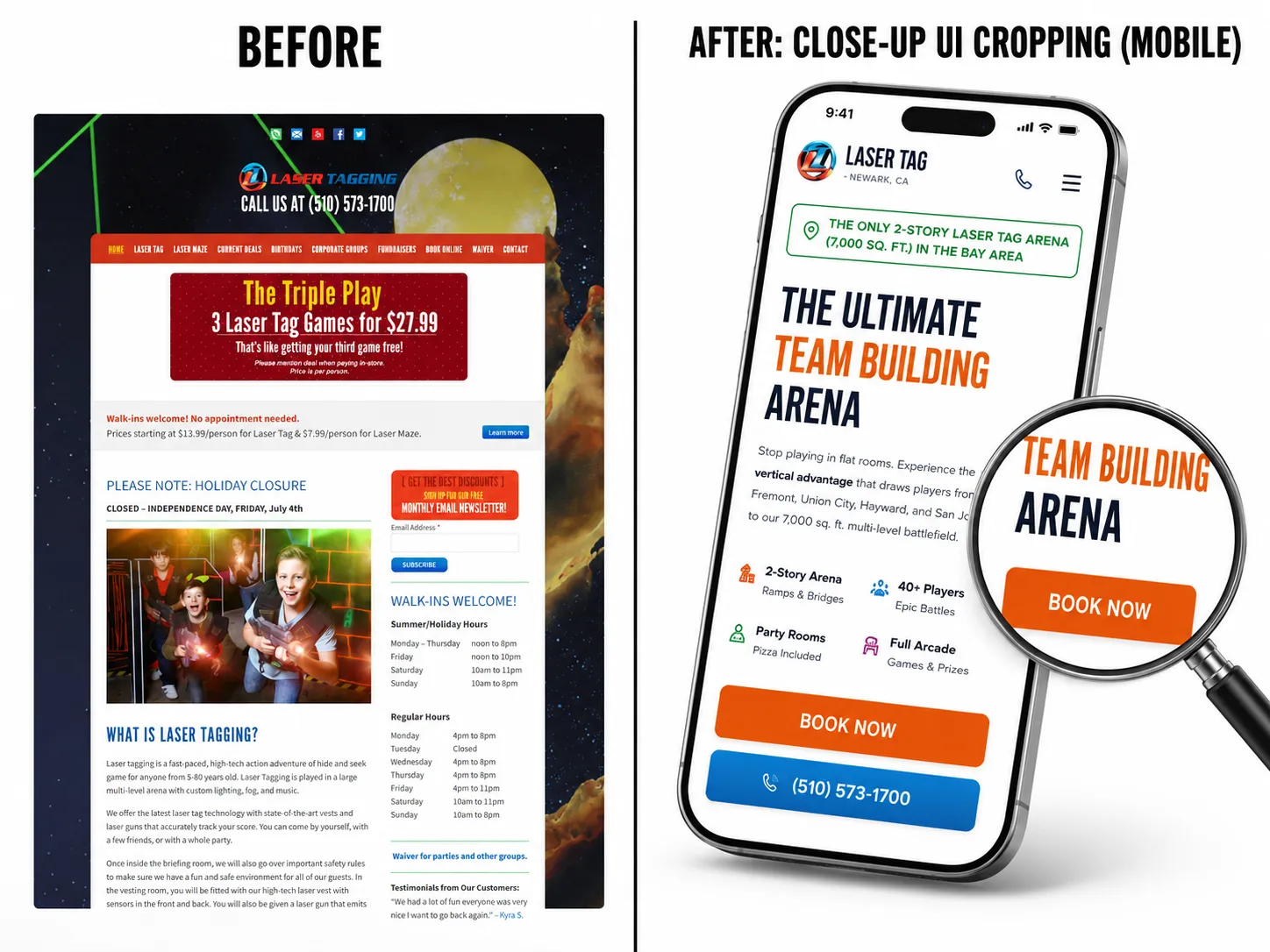 Before and after comparison of the Laser Tagging Inc. mobile website