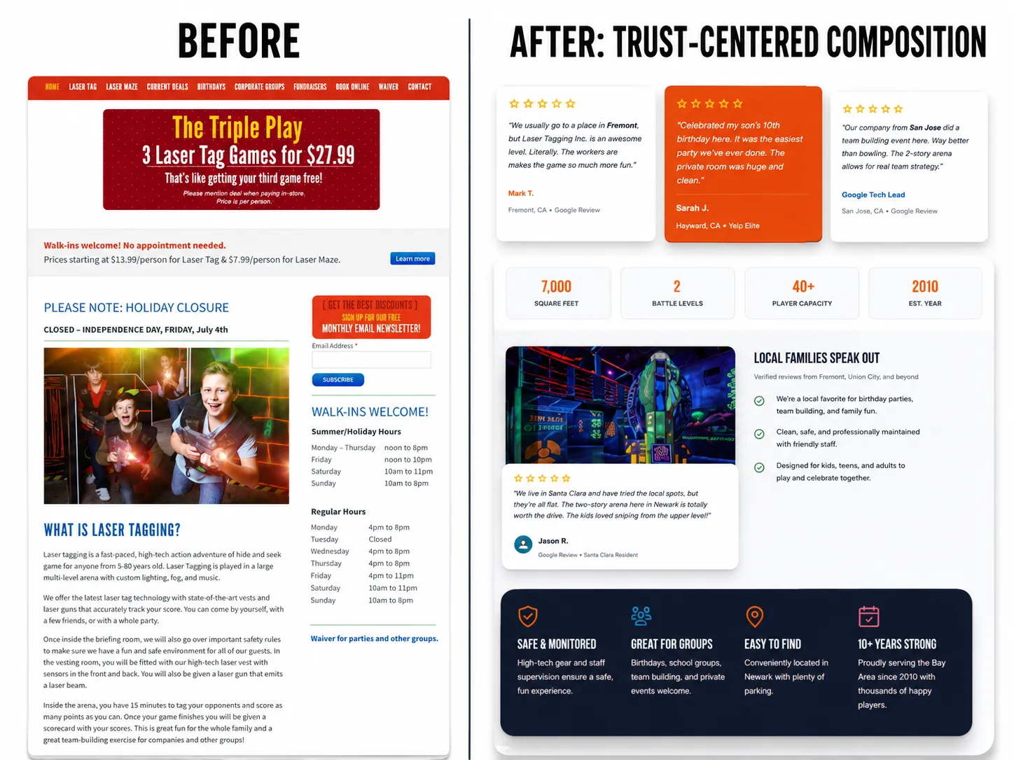 Trust-centered UX — before and after redesign comparison