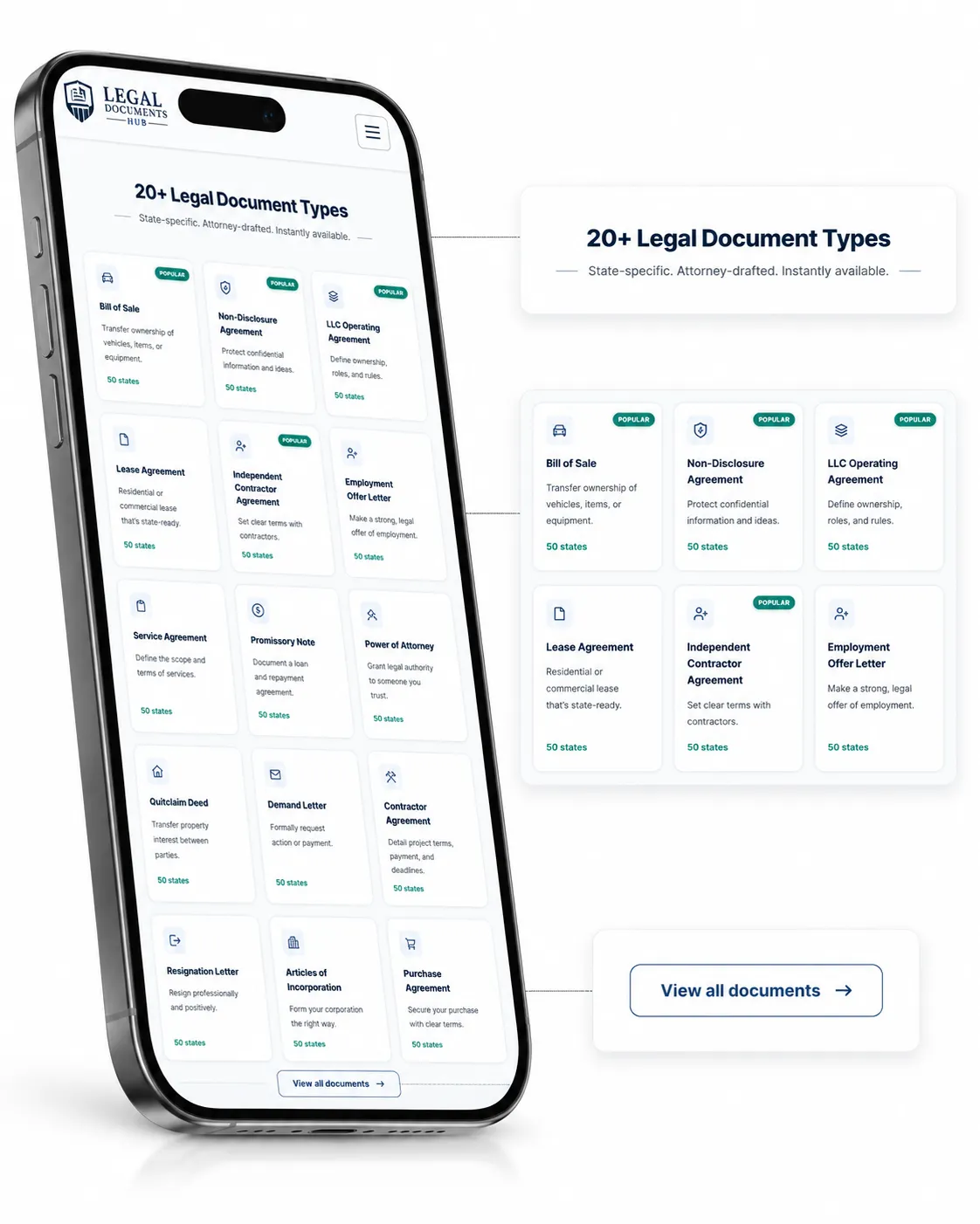 Mobile app legal document templates interface