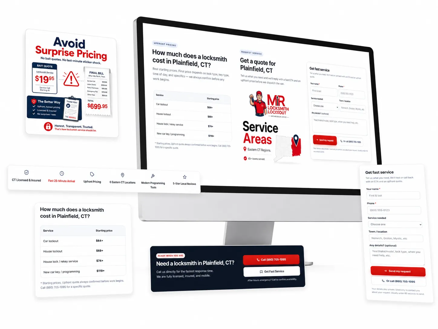 Locksmith upfront pricing page, Plainfield CT
