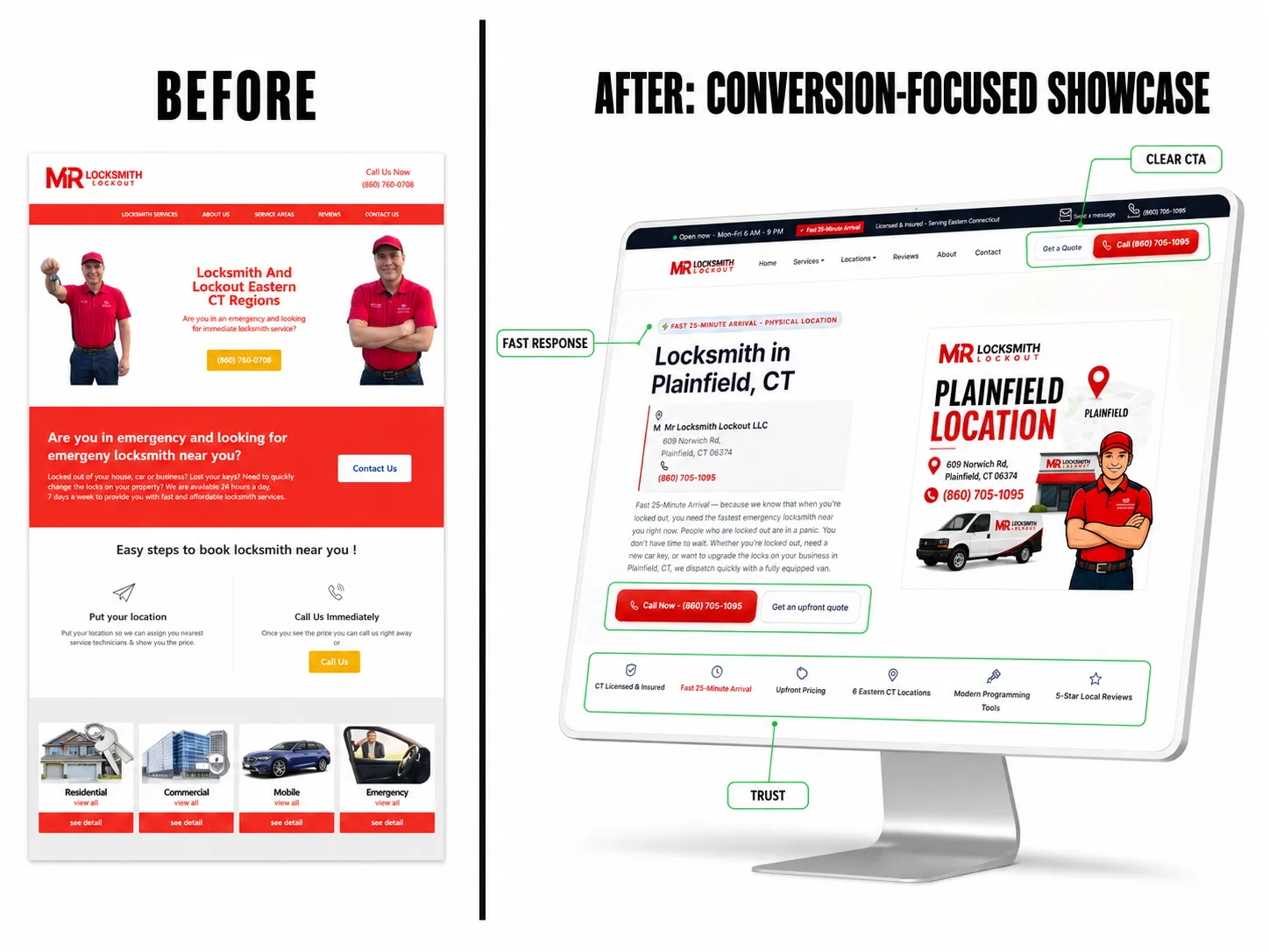 Mr Locksmith Lockout website shown before and after the rebuild