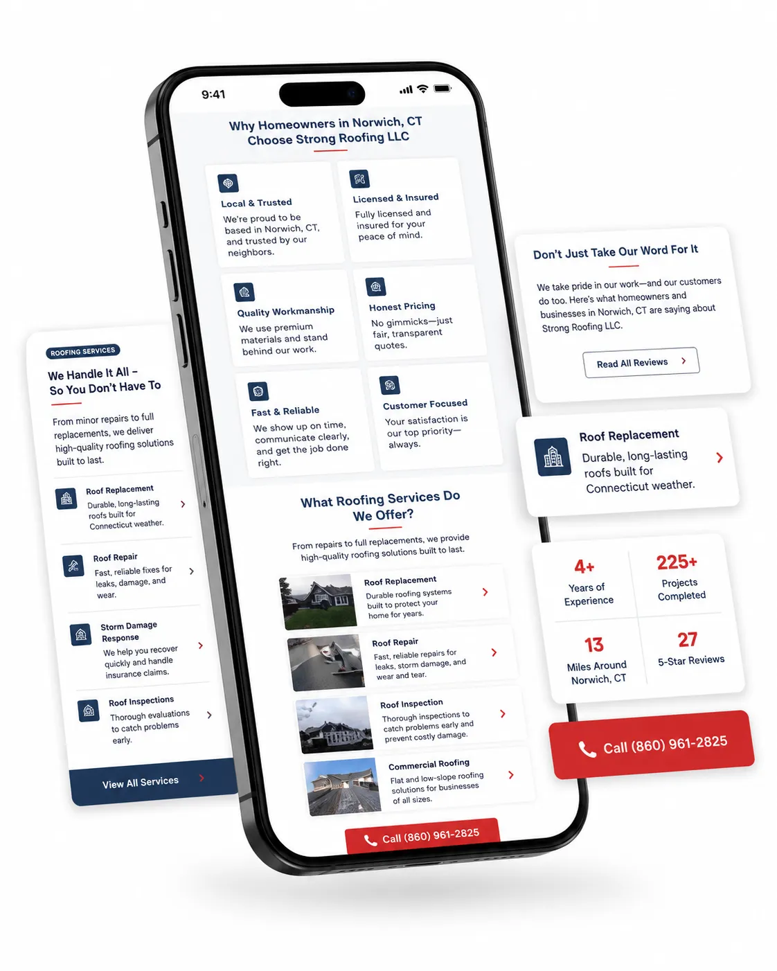 Strong Roofing LLC mobile website design, Norwich CT